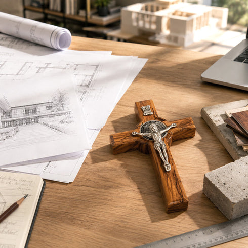 Wooden cross on a desk with architectural drawings and a laptop in the background