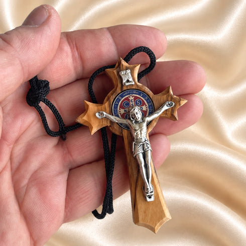Saint Benedict Olive Wood Crucifix Necklace from the Holy Land