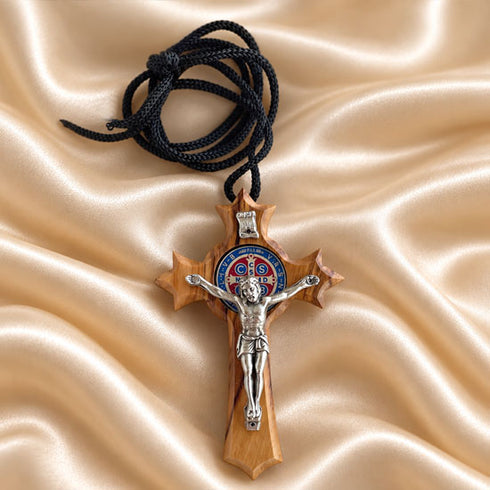 Saint Benedict Olive Wood Crucifix Necklace from the Holy Land