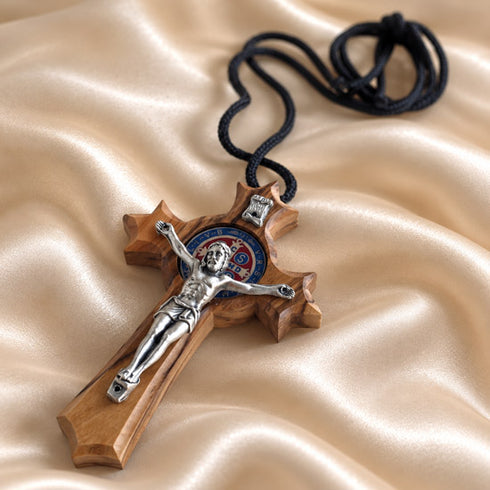 Saint Benedict Olive Wood Crucifix Necklace from the Holy Land