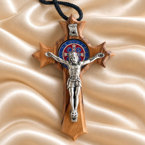 Saint Benedict Olive Wood Crucifix Necklace from the Holy Land