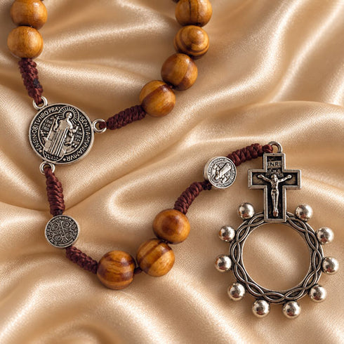 Olive wood Catholic rosary with Saint Benedict details and Crown of Thorns crucifix