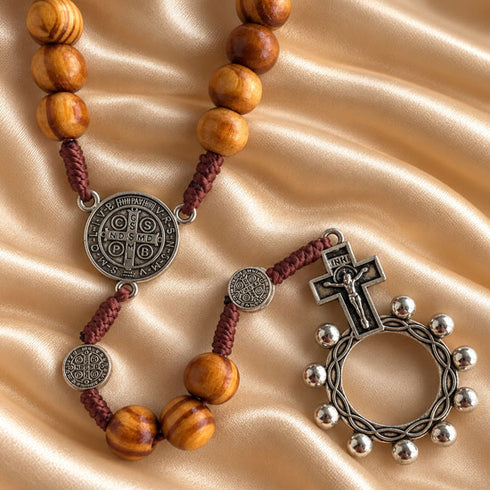 Saint Benedict olive wood rosary with Crown of Thorns crucifix shown in detail