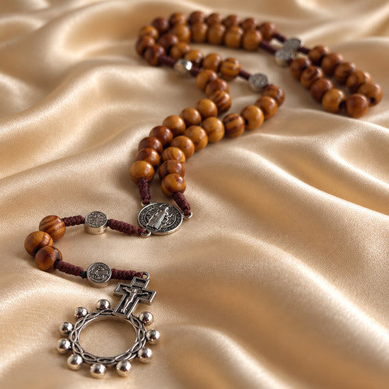 Saint Benedict olive wood rosary with natural wooden beads and Crown of Thorns crucifix