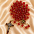 A red bead rosary with gold-tone chain links, a red-and-gold centerpiece, and a matching crucifix, on draped satin fabric.