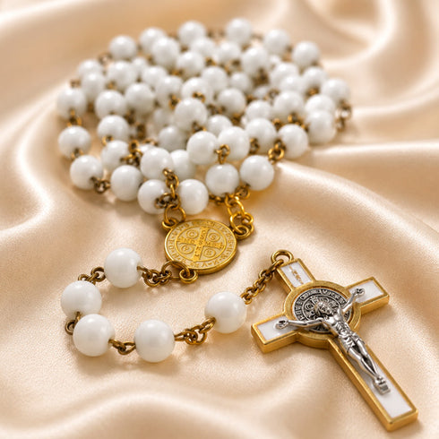 St. Benedict Rosary with White Glass Beads