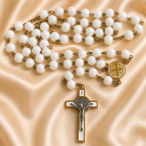 St. Benedict Rosary with White Glass Beads