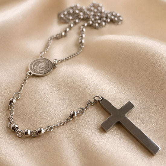 St. Benedict stainless steel rosary necklace with round medal and cross on bead chain
