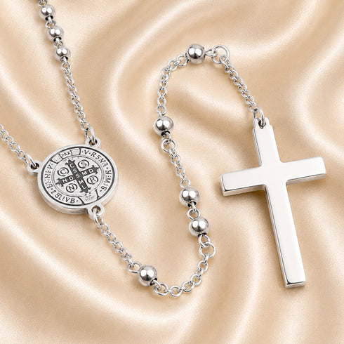 St. Benedict stainless steel rosary necklace with round medal pendant and cross charm