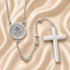 St. Benedict stainless steel rosary necklace with round medal and cross pendant on linked chain