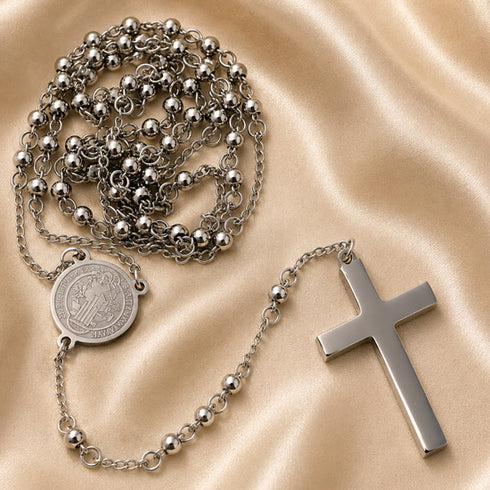 St. Benedict stainless steel rosary necklace featuring round medal charm and long cross pendant