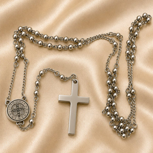 St. Benedict stainless steel rosary necklace showing round medal charm and cross pendant