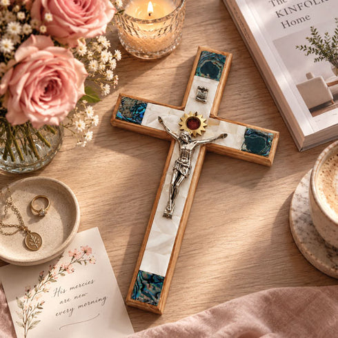 Olive Wood Star of Bethlehem Wall Crucifix with Mother of Pearl