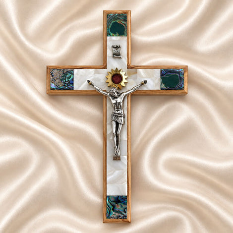 Olive wood crucifix with silver-toned Jesus figure and mother-of-pearl accents
