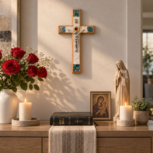 Olive Wood Star of Bethlehem Wall Crucifix with Mother of Pearl
