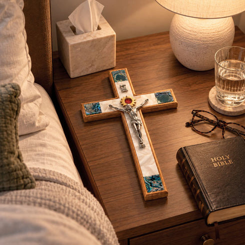 Olive Wood Star of Bethlehem Wall Crucifix with Mother of Pearl