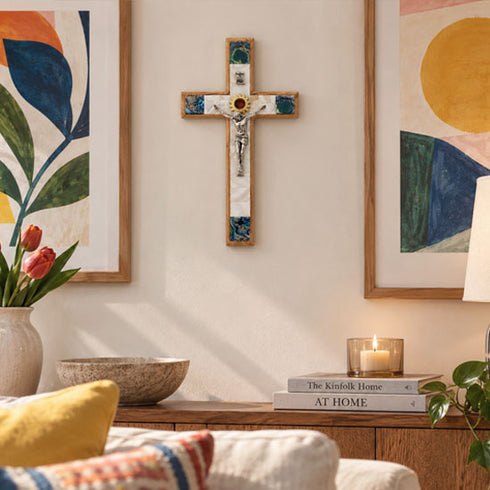 Olive Wood Star of Bethlehem Wall Crucifix with Mother of Pearl