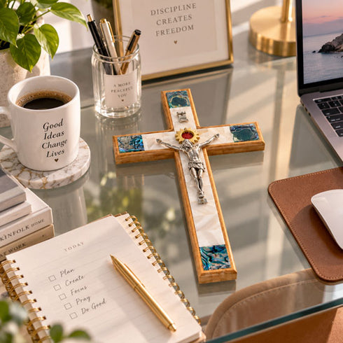 Olive Wood Star of Bethlehem Wall Crucifix with Mother of Pearl