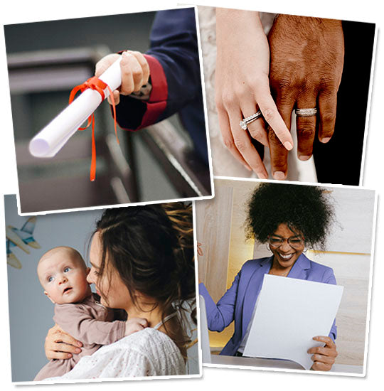Four images in one depicting success. A diploma, graduation smile, newborn and marriage.