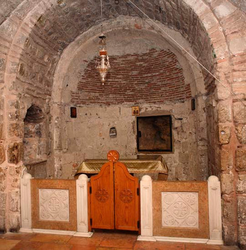 Interior view of the Chapel of Adam beneath Golgotha in the Church of the Holy Sepulchre.
