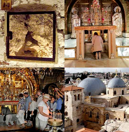 Image of four images of different places at the Church of Holy Sepulchre.