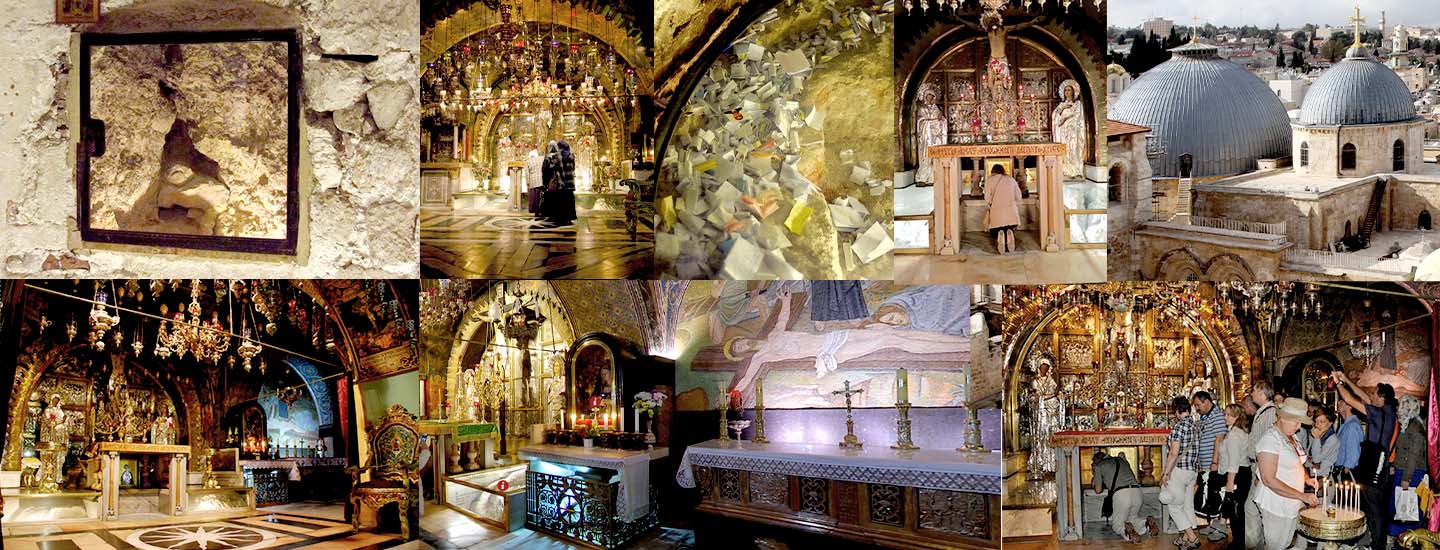 Eight images of different places at the Church of Holy Sepulchre, indoor and outdoor.