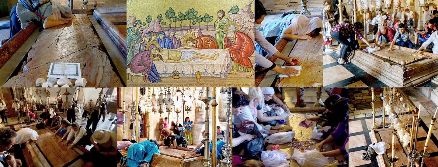 Collection of eight images of the Stone of Anointing at the Church of the Holy Sepulchre.