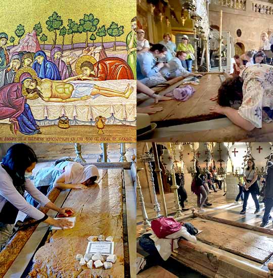 Collection of four images of the Stone of Anointing at the Church of the Holy Sepulchre.