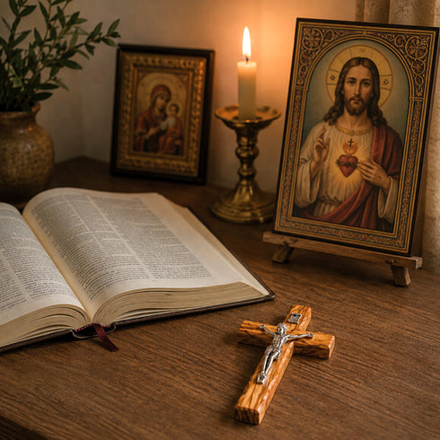 Small thorn crucufix laid down on an altar near a an open bible and an icon