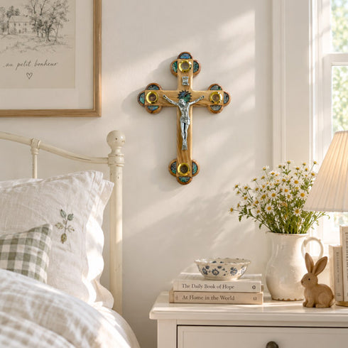 Olive Wood Trefoil Crucifix with Four Holy Elements