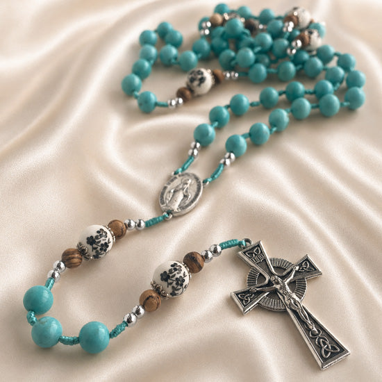Turquoise Rosary with Ceramic Our Father Beads & Celtic Crucifix