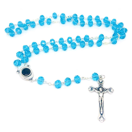 Aqua Blue Crystal Rosary with Jerusalem Holy Soil Medal