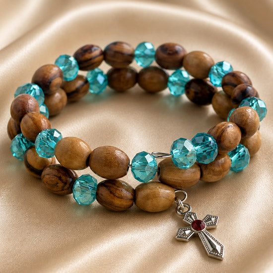 Olive wood bead wrap bracelet with turquoise faceted crystals and dangling cross charm