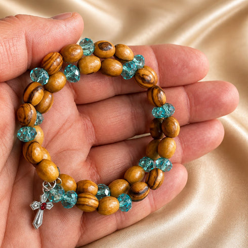 Olive wood bead wrap bracelet with turquoise crystals and small cross charm