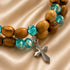 Olive wood bead bracelet with turquoise crystal beads and silver cross pendant