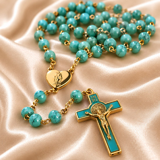 Turquoise Rosary with Marian Heart Locket & Benedict Cross