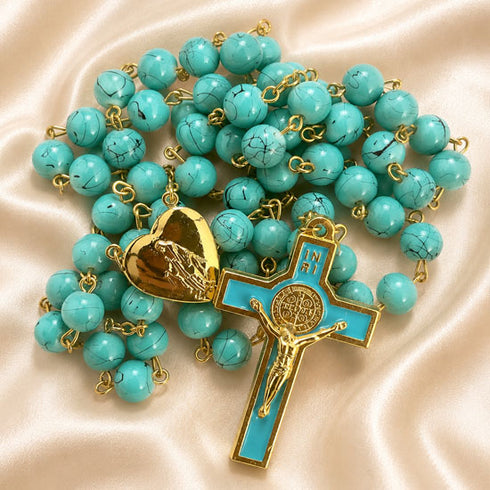 Turquoise Rosary with Marian Heart Locket & Benedict Cross