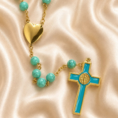 Turquoise Rosary with Marian Heart Locket & Benedict Cross