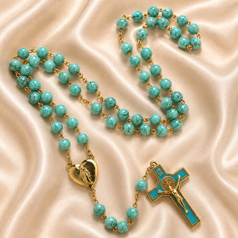 Turquoise Rosary with Marian Heart Locket & Benedict Cross