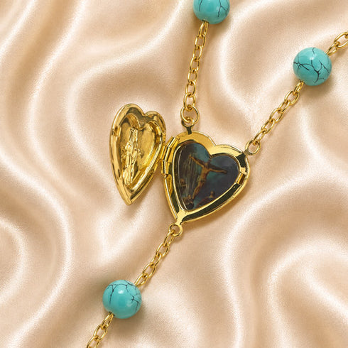 Turquoise Rosary with Marian Heart Locket & Benedict Cross