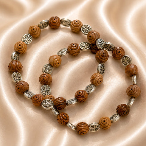 Carved Olive Wood Bracelet with Mary & Jerusalem Cross Medals