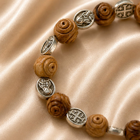 Carved Olive Wood Bracelet with Mary & Jerusalem Cross Medals