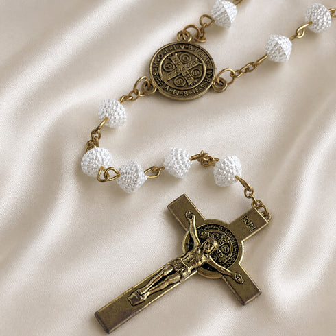 White St. Benedict Rosary with Textured Beads & Gold Crucifix