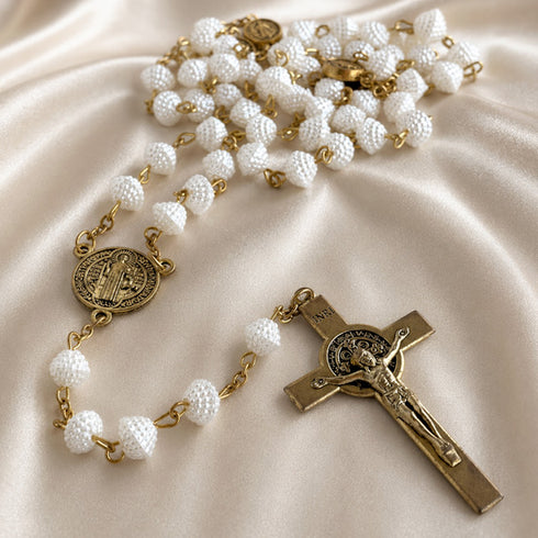 White St. Benedict Rosary with Textured Beads & Gold Crucifix