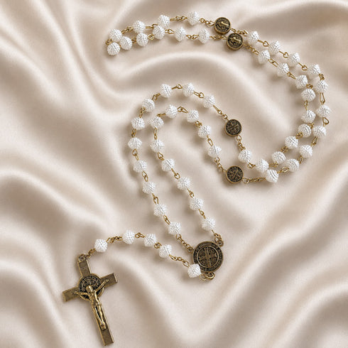 White St. Benedict Rosary with Textured Beads & Gold Crucifix