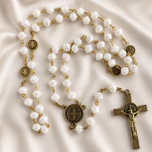 White St. Benedict Rosary with Textured Beads & Gold Crucifix