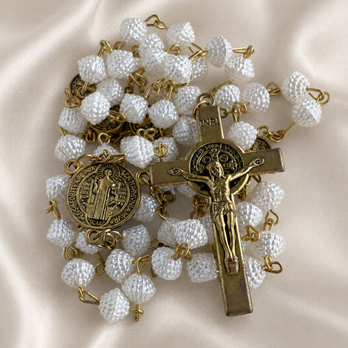 White St. Benedict Rosary with Textured Beads & Gold Crucifix