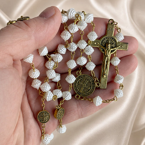 White St. Benedict Rosary with Textured Beads & Gold Crucifix
