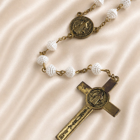 White St. Benedict Rosary with Textured Beads & Gold Crucifix