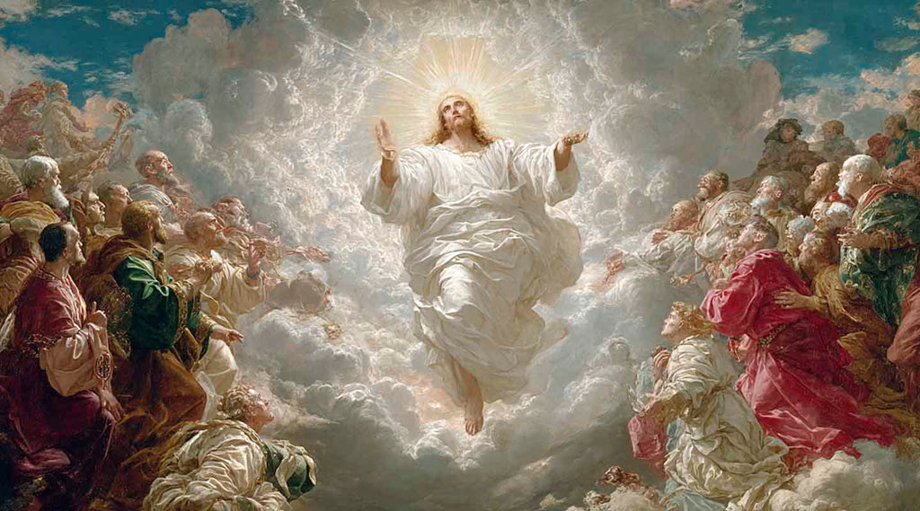 Jesus Christ resurrecting to the blue sky and white clouds, surrounded by saints 